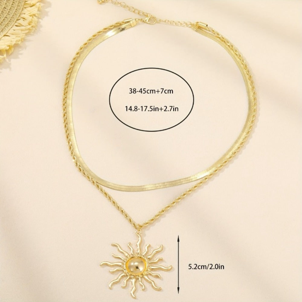 Pendant Necklace - Double Layer Snake Chain with Sun Flame Boho Gold Copper Layered Jewelry - product detail view 5
