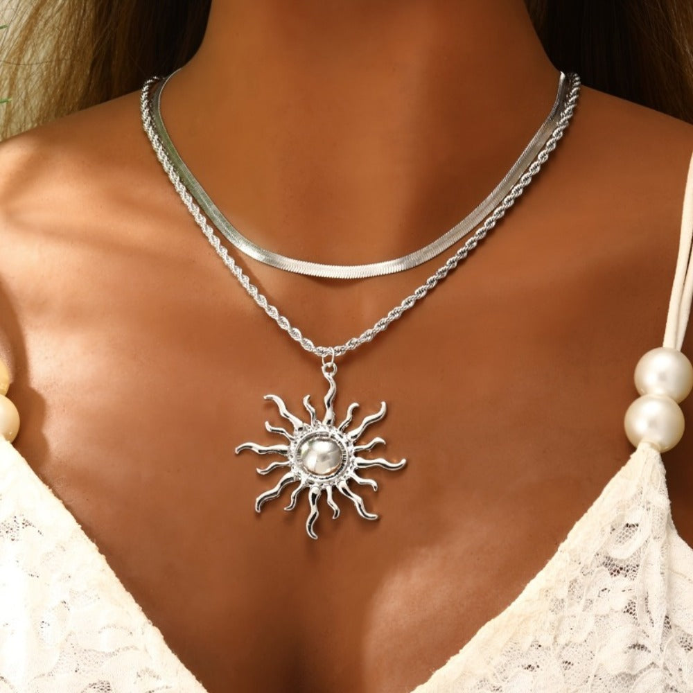 Pendant Necklace - Double Layer Snake Chain with Sun Flame Boho Gold Copper Layered Jewelry - product detail view 6