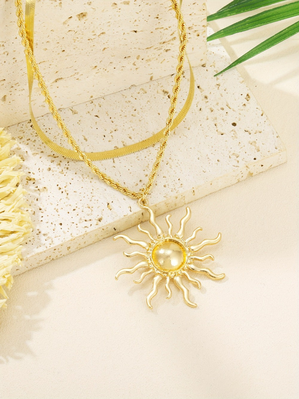 Pendant Necklace - Double Layer Snake Chain with Sun Flame Boho Gold Copper Layered Jewelry - product detail view 9