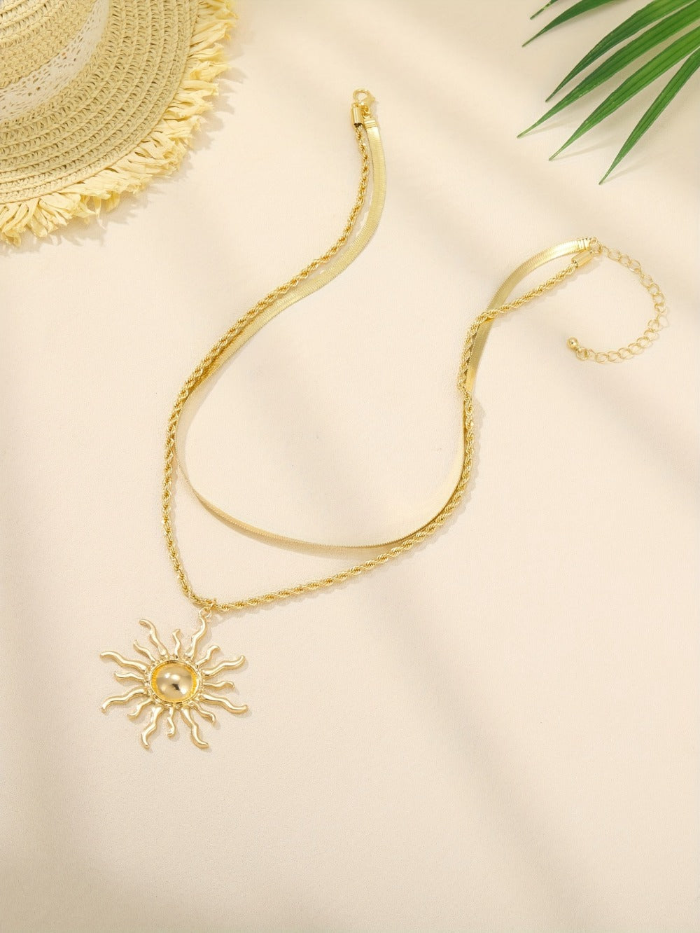 Pendant Necklace - Double Layer Snake Chain with Sun Flame Boho Gold Copper Layered Jewelry - product detail view 10