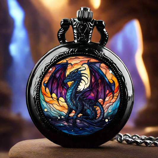 Pendant Necklace - Dragon Pocket Watch for Men - Black Vintage Quartz Pocket Watch on Chain - main product view