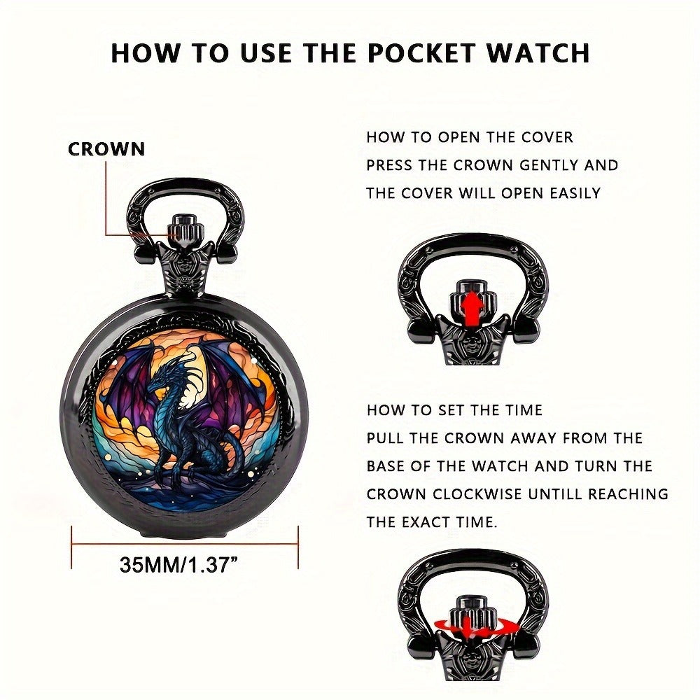 Pendant Necklace - Dragon Pocket Watch for Men - Black Vintage Quartz Pocket Watch on Chain - product detail view 2