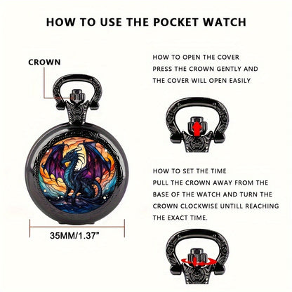 Pendant Necklace - Dragon Pocket Watch for Men - Black Vintage Quartz Pocket Watch on Chain - product detail view 2