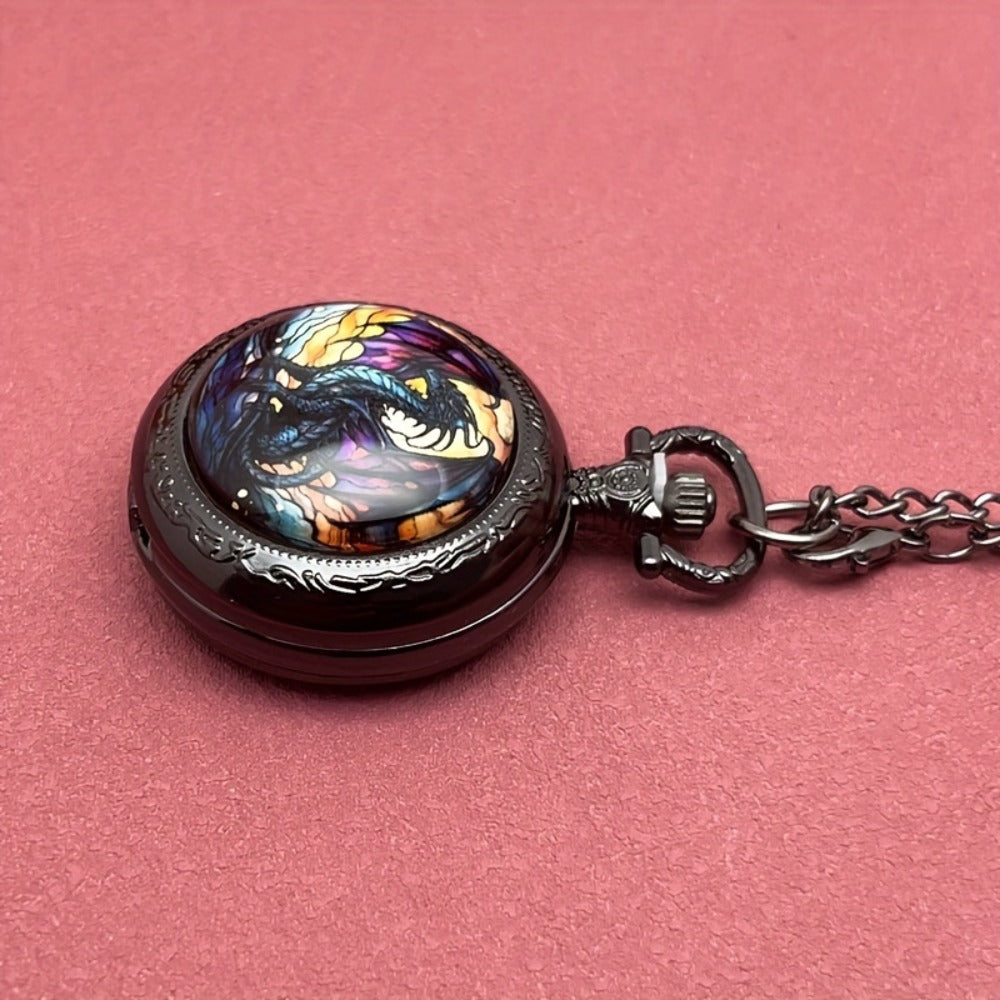 Pendant Necklace - Dragon Pocket Watch for Men - Black Vintage Quartz Pocket Watch on Chain - product detail view 5