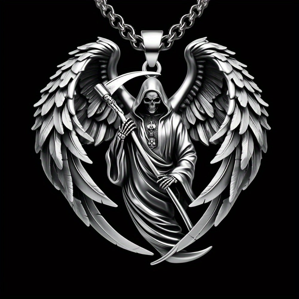 Pendant Necklace - Gothic Skull Wings Reaper Men 316L Stainless Steel Heavy Duty Punk Jewelry - main product view