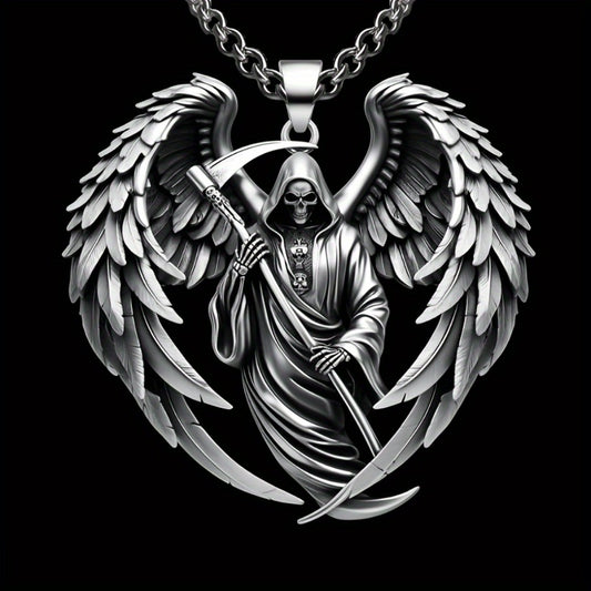 Pendant Necklace - Gothic Skull Wings Reaper Men 316L Stainless Steel Heavy Duty Punk Jewelry - main product view