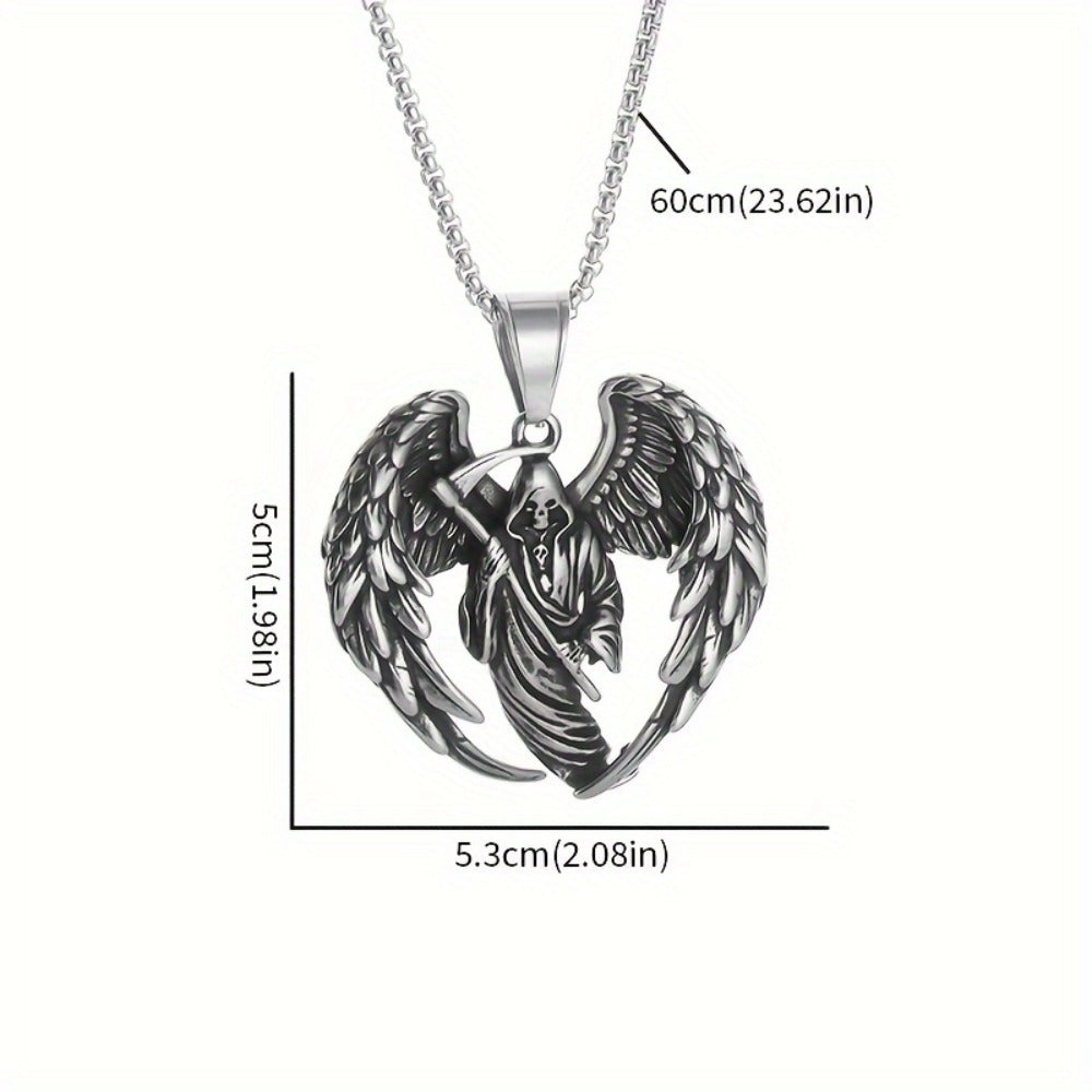 Pendant Necklace - Gothic Skull Wings Reaper Men 316L Stainless Steel Heavy Duty Punk Jewelry - product detail view 2