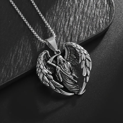 Pendant Necklace - Gothic Skull Wings Reaper Men 316L Stainless Steel Heavy Duty Punk Jewelry - product detail view 3