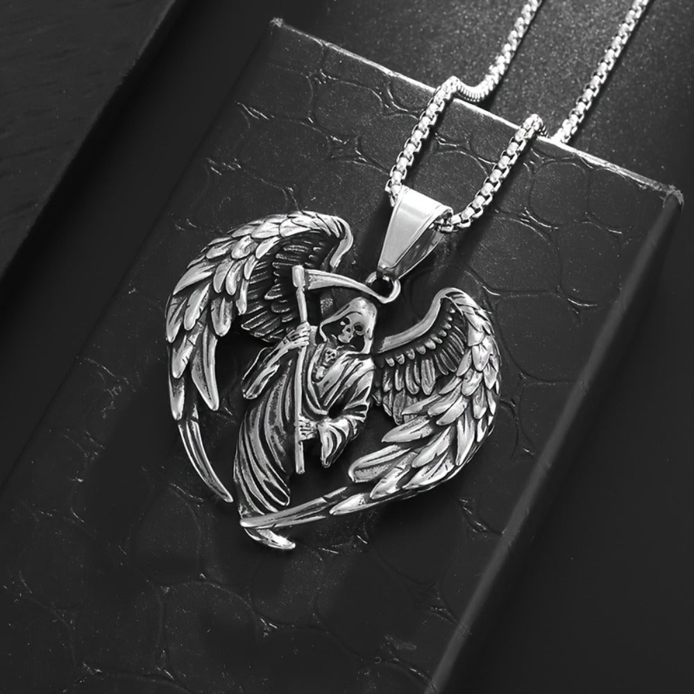 Pendant Necklace - Gothic Skull Wings Reaper Men 316L Stainless Steel Heavy Duty Punk Jewelry - product detail view 5