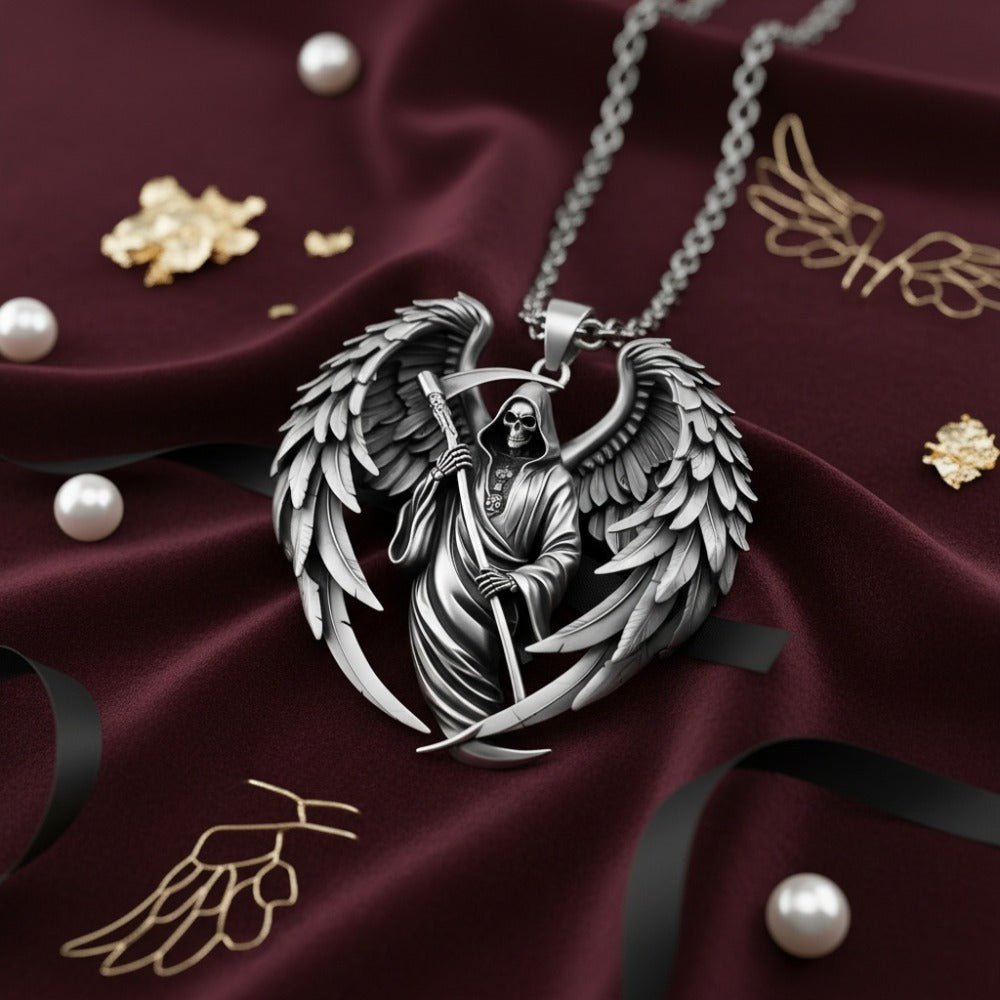Pendant Necklace - Gothic Skull Wings Reaper Men 316L Stainless Steel Heavy Duty Punk Jewelry - product detail view 6