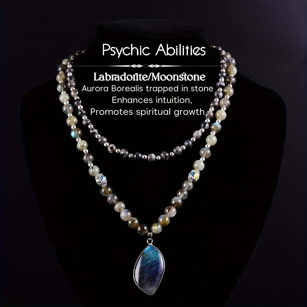 Pendant Necklace - Labradorite Moonstone Double Natural Stone Boho Aurora Borealis Effect - main product view