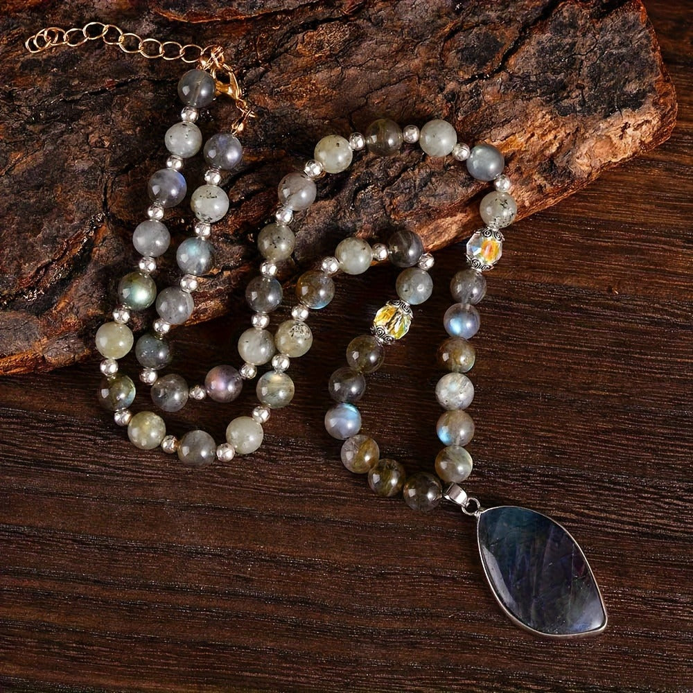 Pendant Necklace - Labradorite Moonstone Double Natural Stone Boho Aurora Borealis Effect - product detail view 2
