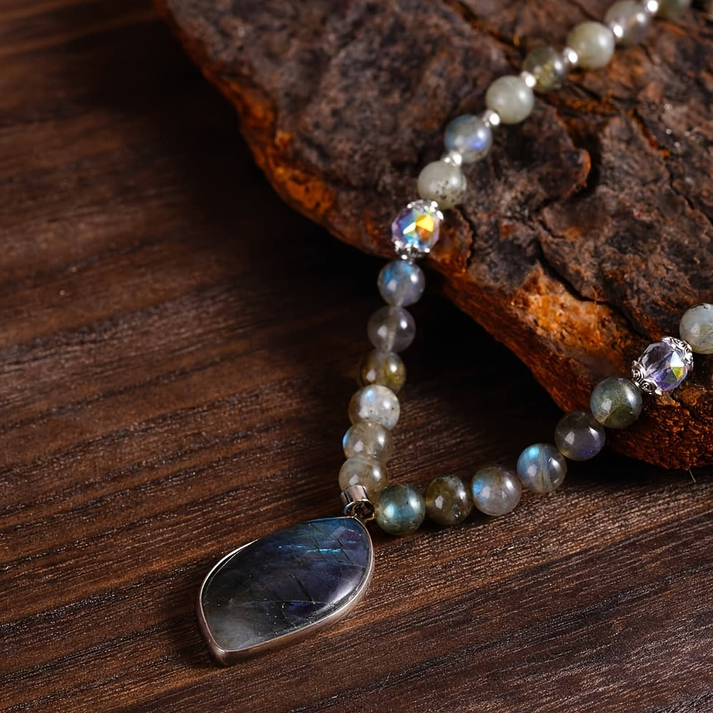 Pendant Necklace - Labradorite Moonstone Double Natural Stone Boho Aurora Borealis Effect - product detail view 3