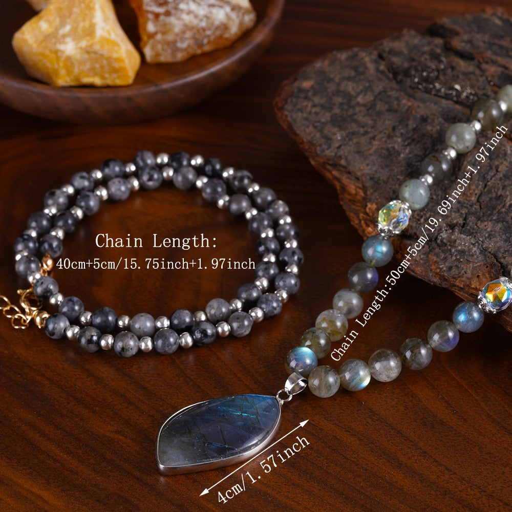 Pendant Necklace - Labradorite Moonstone Double Natural Stone Boho Aurora Borealis Effect - product detail view 4