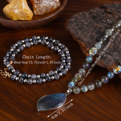 Pendant Necklace - Labradorite Moonstone Double Natural Stone Boho Aurora Borealis Effect - product detail view 4