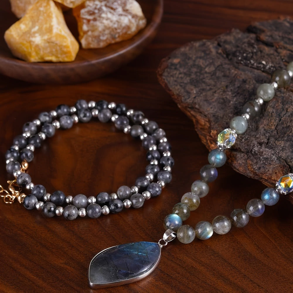 Pendant Necklace - Labradorite Moonstone Double Natural Stone Boho Aurora Borealis Effect - product detail view 6