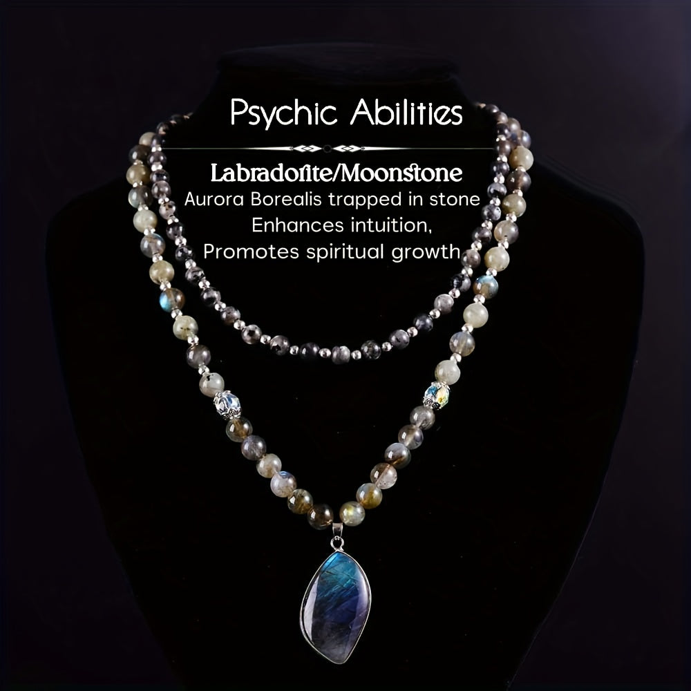 Pendant Necklace - Labradorite Moonstone Double Natural Stone Boho Aurora Borealis Effect - product detail view 7