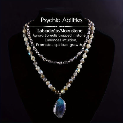 Pendant Necklace - Labradorite Moonstone Double Natural Stone Boho Aurora Borealis Effect - product detail view 7