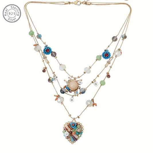 Pendant Necklace - Layered Beaded 925 Sterling Silver Multi-Layer Love Heart Chain, Handmade - main product view