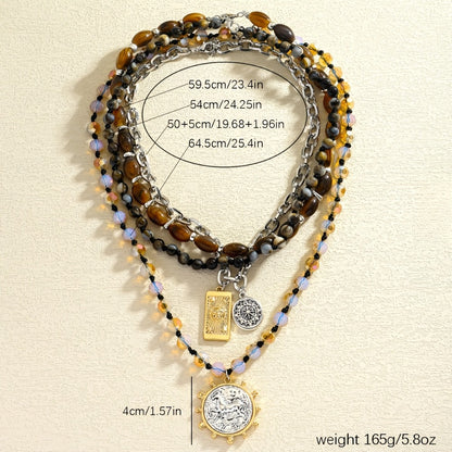 Pendant Necklace - Layered for Women Boho Vintage - Tiger's Eye Beaded Multi-Layer Stackable - product detail view 4