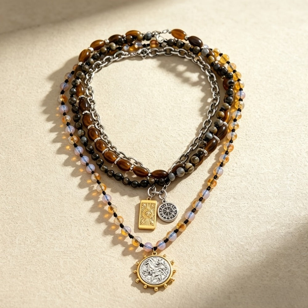 Pendant Necklace - Layered for Women Boho Vintage - Tiger's Eye Beaded Multi-Layer Stackable - product detail view 5