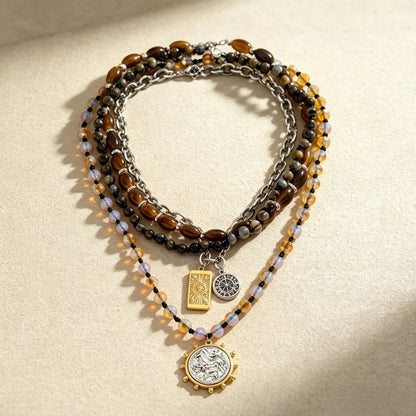 Pendant Necklace - Layered for Women Boho Vintage - Tiger's Eye Beaded Multi-Layer Stackable - product detail view 5