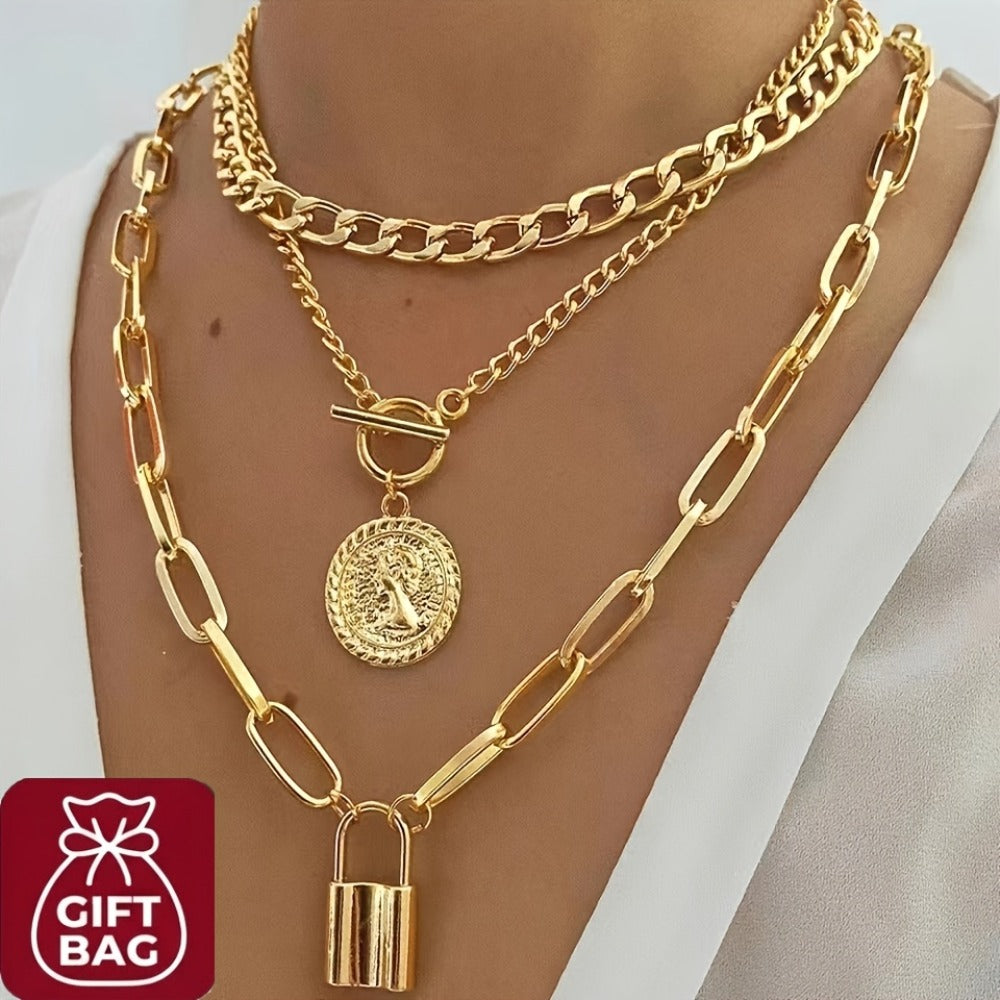 Pendant Necklace - Layered Set 3 Pcs Gold Plated Embossed Round Lock Charm for Women Vintage - main product view