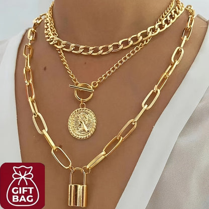 Pendant Necklace - Layered Set 3 Pcs Gold Plated Embossed Round Lock Charm for Women Vintage - main product view