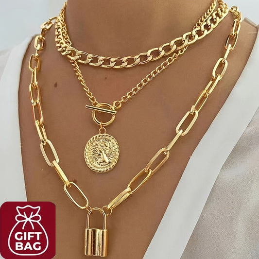 Pendant Necklace - Layered Set 3 Pcs Gold Plated Embossed Round Lock Charm for Women Vintage - main product view