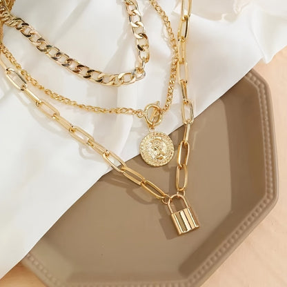 Pendant Necklace - Layered Set 3 Pcs Gold Plated Embossed Round Lock Charm for Women Vintage - product detail view 4