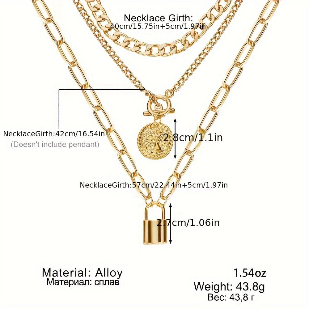 Pendant Necklace - Layered Set 3 Pcs Gold Plated Embossed Round Lock Charm for Women Vintage - product detail view 5