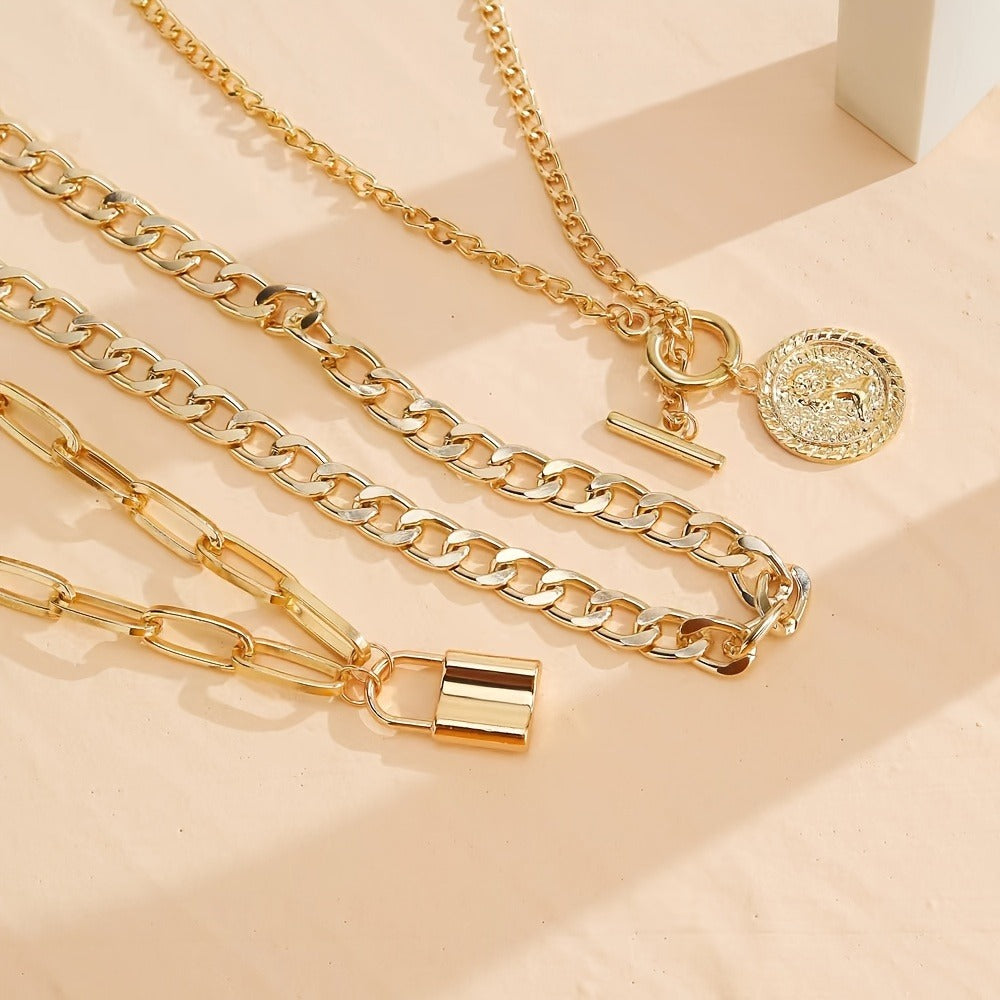 Pendant Necklace - Layered Set 3 Pcs Gold Plated Embossed Round Lock Charm for Women Vintage - product detail view 6