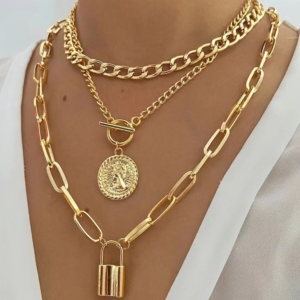 Pendant Necklace - Layered Set 3 Pcs Gold Plated Embossed Round Lock Charm for Women Vintage - product detail view 7