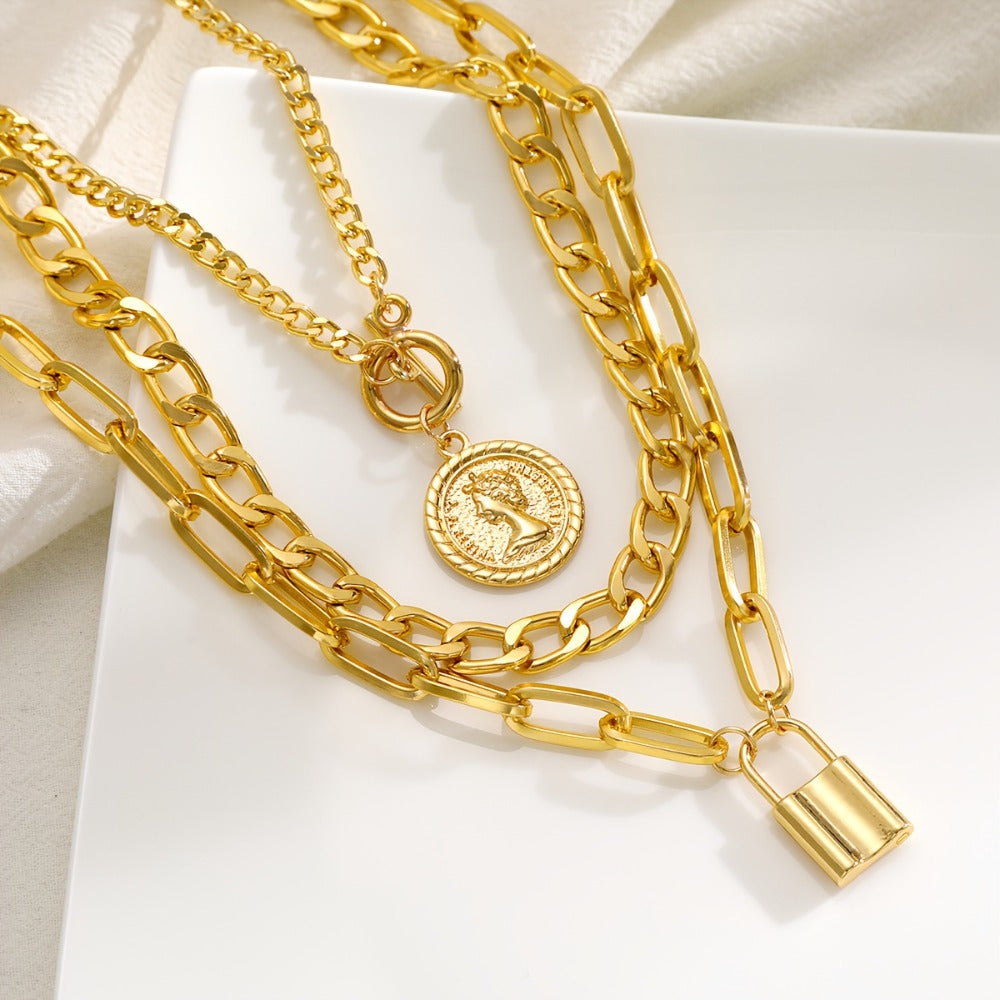 Pendant Necklace - Layered Set 3 Pcs Gold Plated Embossed Round Lock Charm for Women Vintage - product detail view 8
