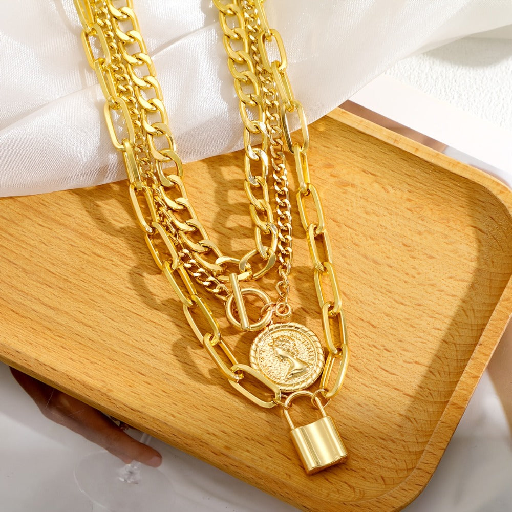 Pendant Necklace - Layered Set 3 Pcs Gold Plated Embossed Round Lock Charm for Women Vintage - product detail view 9