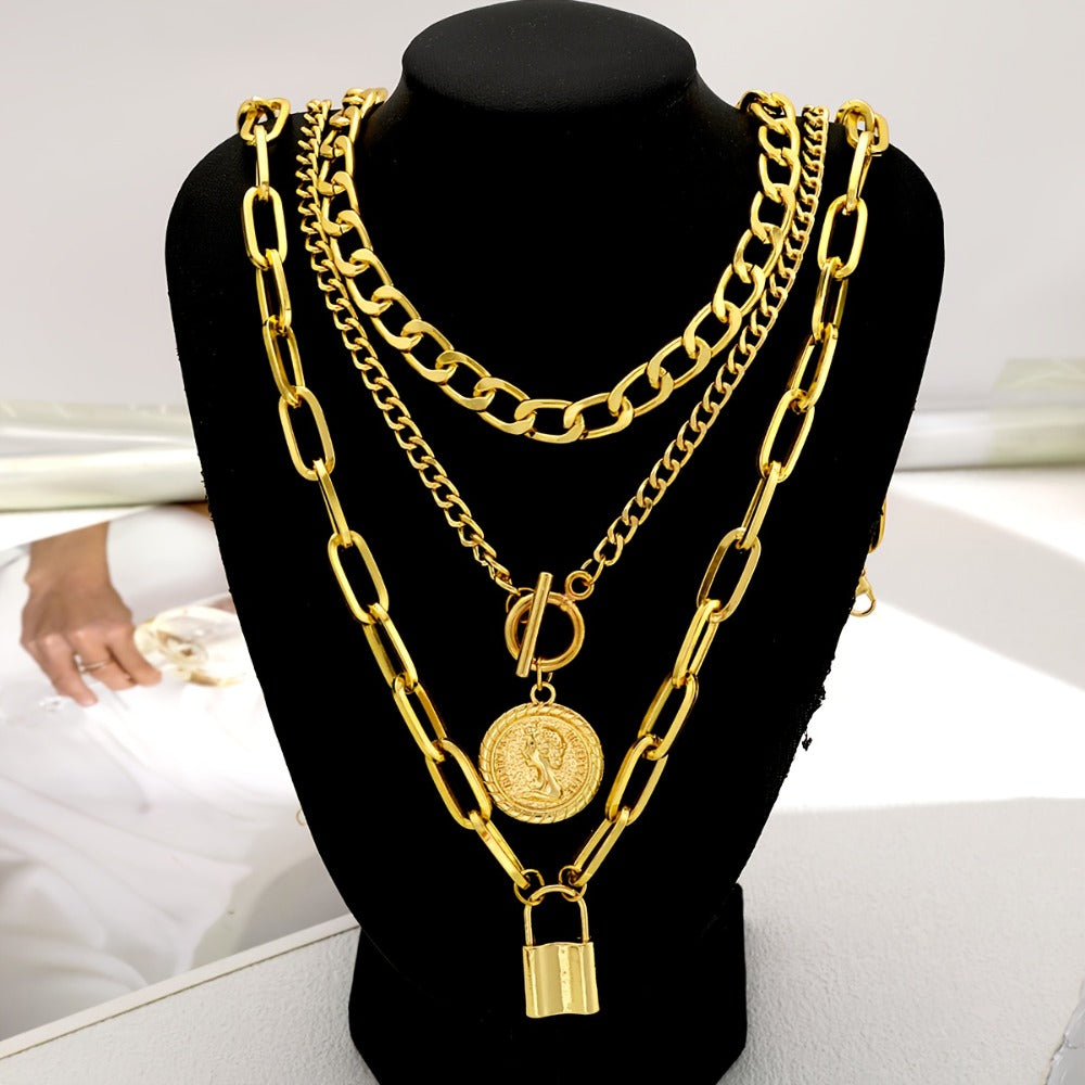 Pendant Necklace - Layered Set 3 Pcs Gold Plated Embossed Round Lock Charm for Women Vintage - product detail view 10