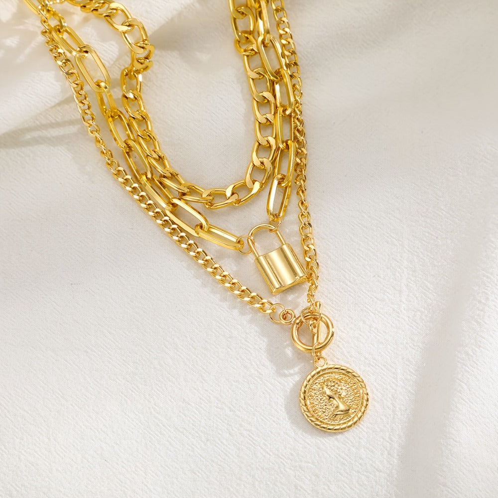 Pendant Necklace - Layered Set 3 Pcs Gold Plated Embossed Round Lock Charm for Women Vintage - product detail view 11