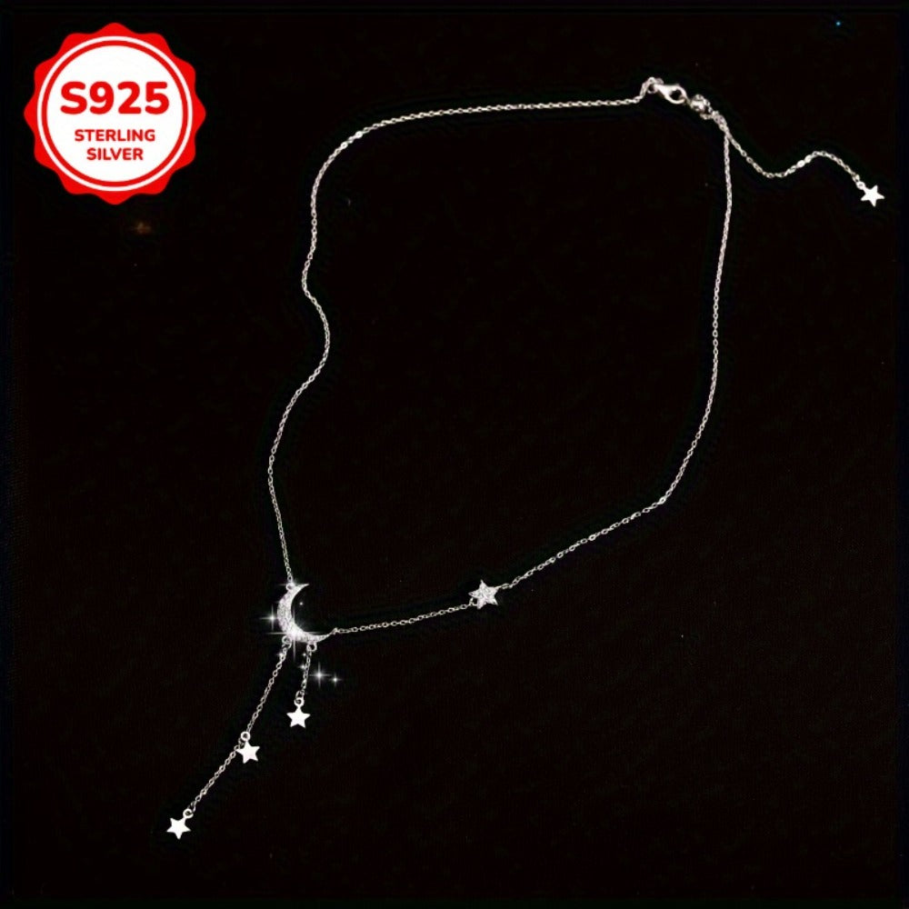 Pendant Necklace - Moon and Star Tassel for Women S925 Sterling Silver Boho Celestial - product detail view 5