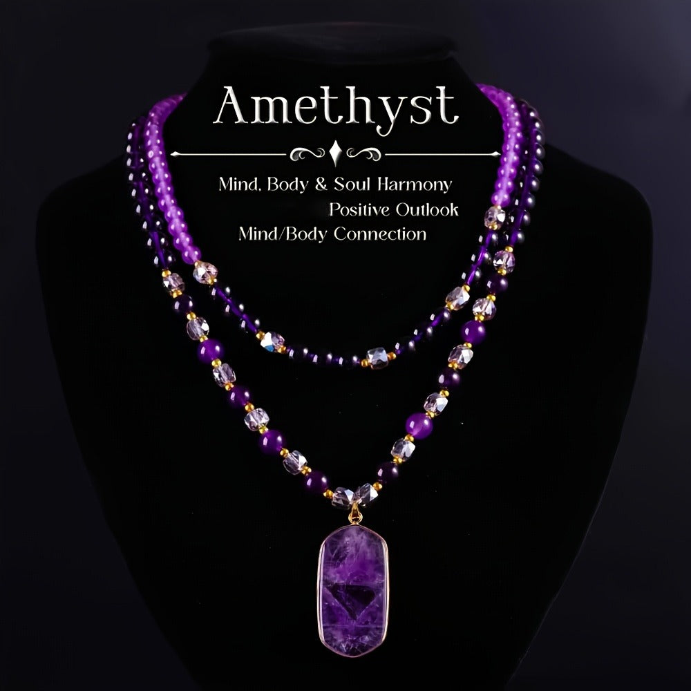 Pendant Necklace - Natural Amethyst Set 2Pcs for Women - Boho Vintage Double Layer Purple - main product view
