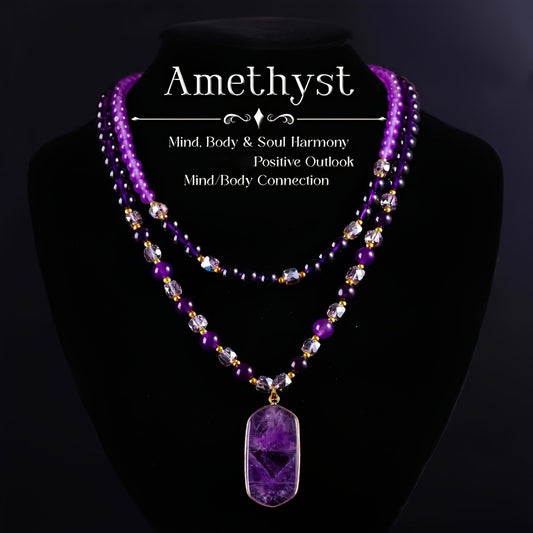 Pendant Necklace - Natural Amethyst Set 2Pcs for Women - Boho Vintage Double Layer Purple - main product view