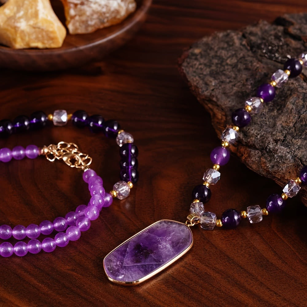 Pendant Necklace - Natural Amethyst Set 2Pcs for Women - Boho Vintage Double Layer Purple - product detail view 2