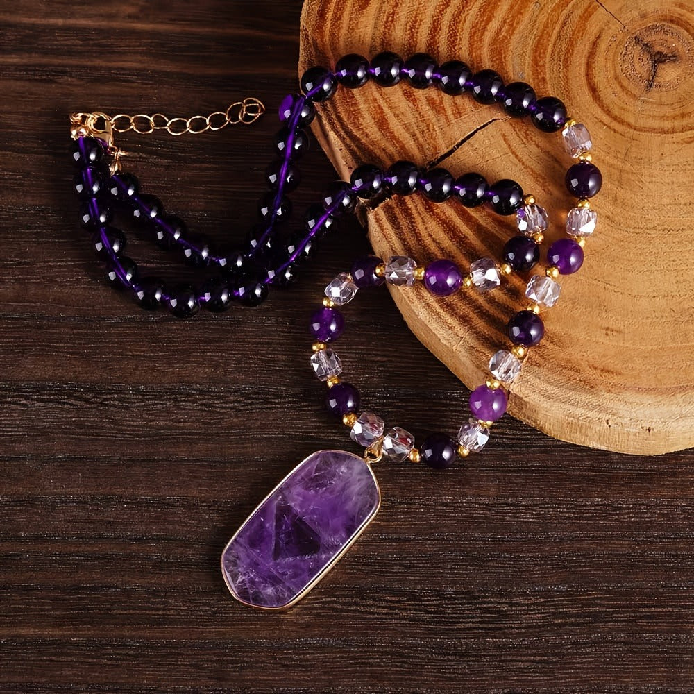Pendant Necklace - Natural Amethyst Set 2Pcs for Women - Boho Vintage Double Layer Purple - product detail view 3