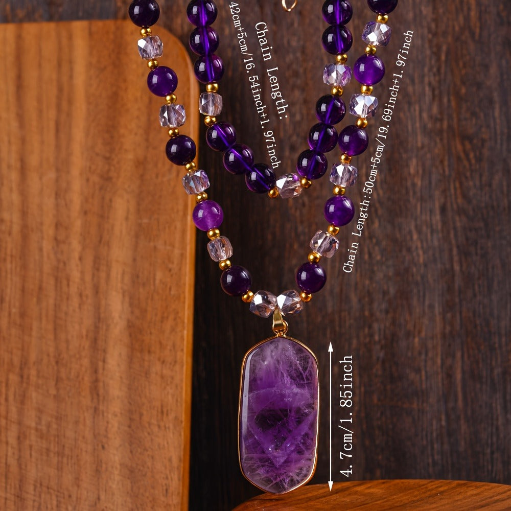 Pendant Necklace - Natural Amethyst Set 2Pcs for Women - Boho Vintage Double Layer Purple - product detail view 4