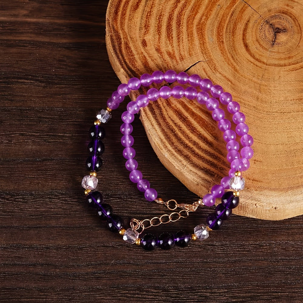 Pendant Necklace - Natural Amethyst Set 2Pcs for Women - Boho Vintage Double Layer Purple - product detail view 5