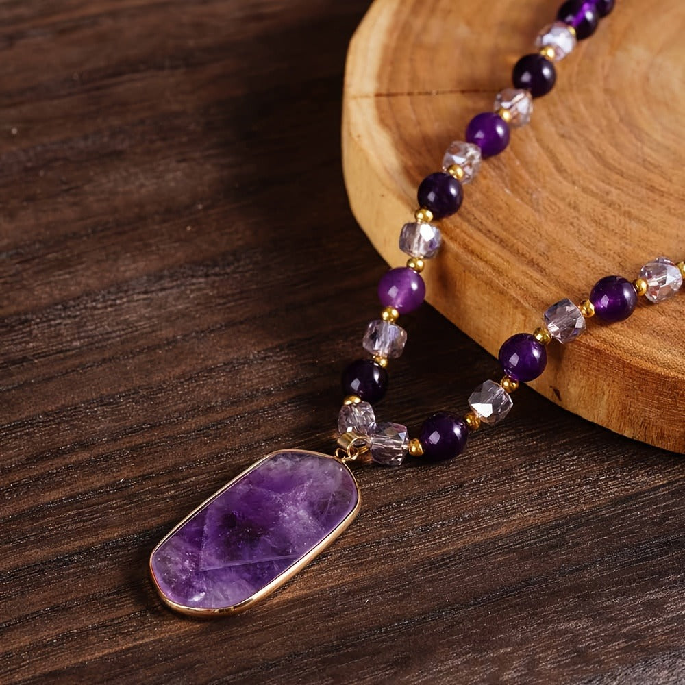 Pendant Necklace - Natural Amethyst Set 2Pcs for Women - Boho Vintage Double Layer Purple - product detail view 6