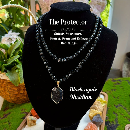 Pendant Necklace - Obsidian Set of 2 Black Obsidian & Onyx Beaded for Men Women, Protection - main product view