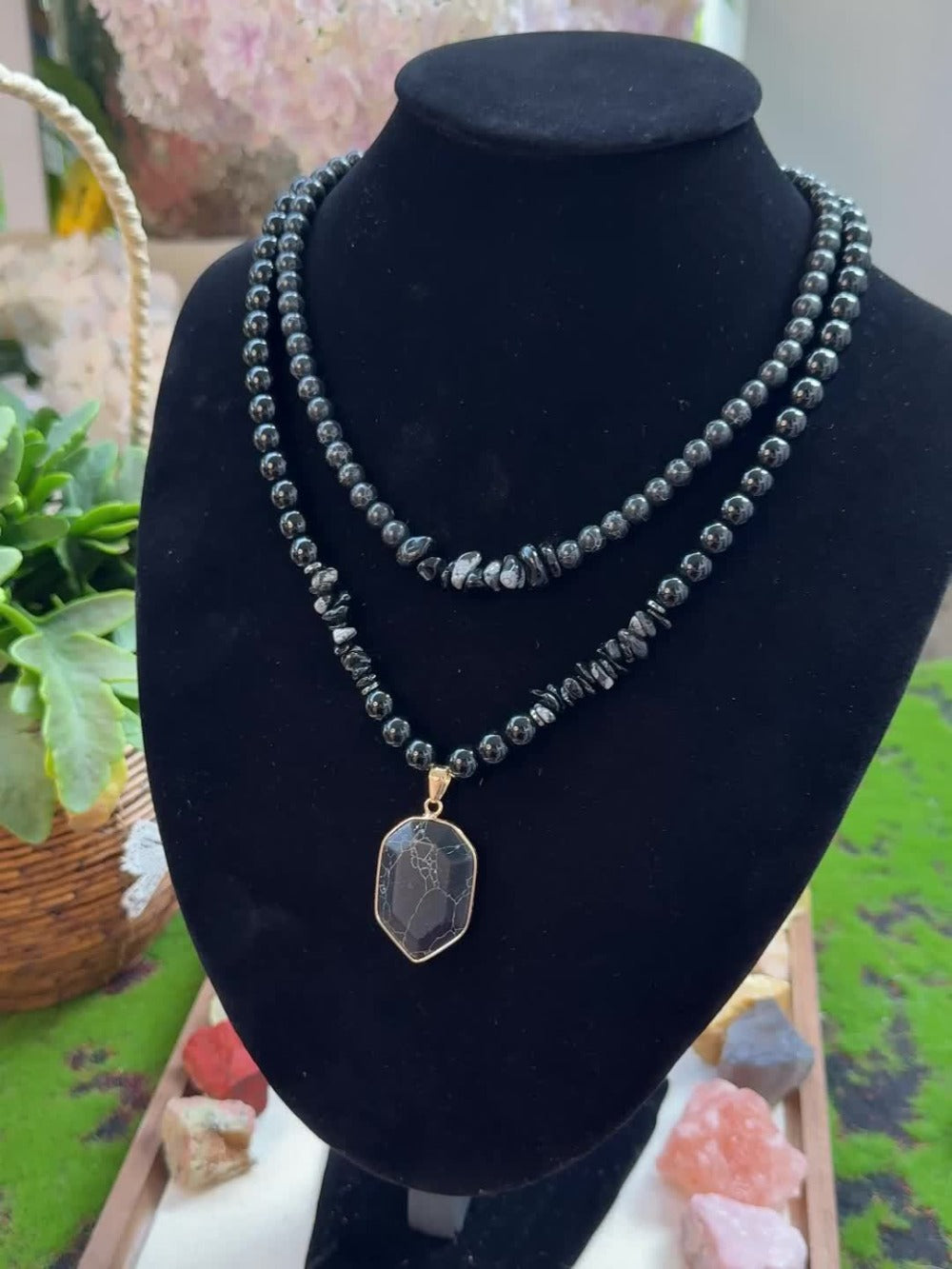 Pendant Necklace - Obsidian Set of 2 Black Obsidian & Onyx Beaded for Men Women, Protection - product detail view 7
