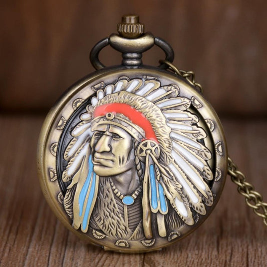 Pendant Necklace - Pocket Watch for Men Bronze Antique Indian Portrait Design Quartz Fob - main product view