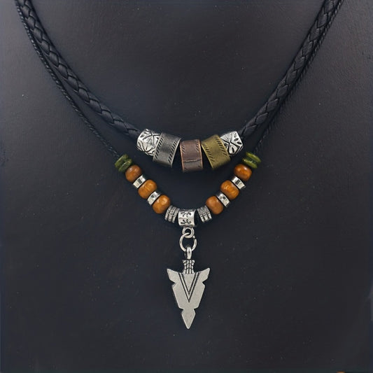 Pendant Necklace - Men's Tribal Arrow Vintage Layered Rope Bead Chain Boho Beaded Jewelry - main product view