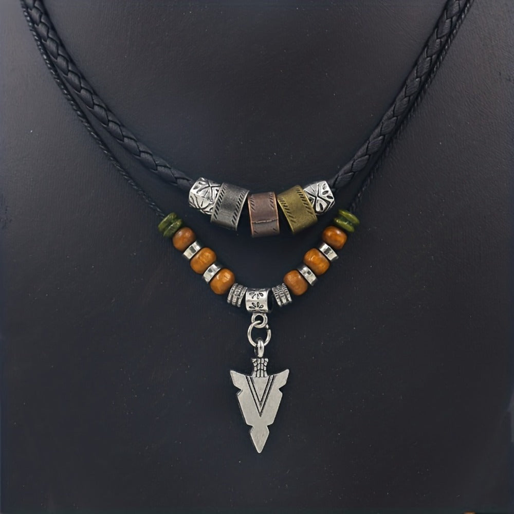 Pendant Necklace - Men's Tribal Arrow Vintage Layered Rope Bead Chain Boho Beaded Jewelry - product detail view 6